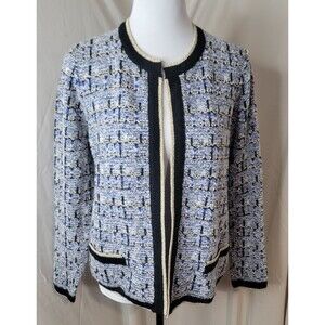 Preswick & Moore Womens Petite XL Tweed Knit Cardigan Jacket Blue Gold Trim